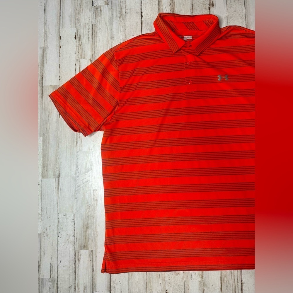 Under Armour Polo Shirt Mens 2XL Orange Performance Loose Heatgear Stripe - Picture 3 of 9